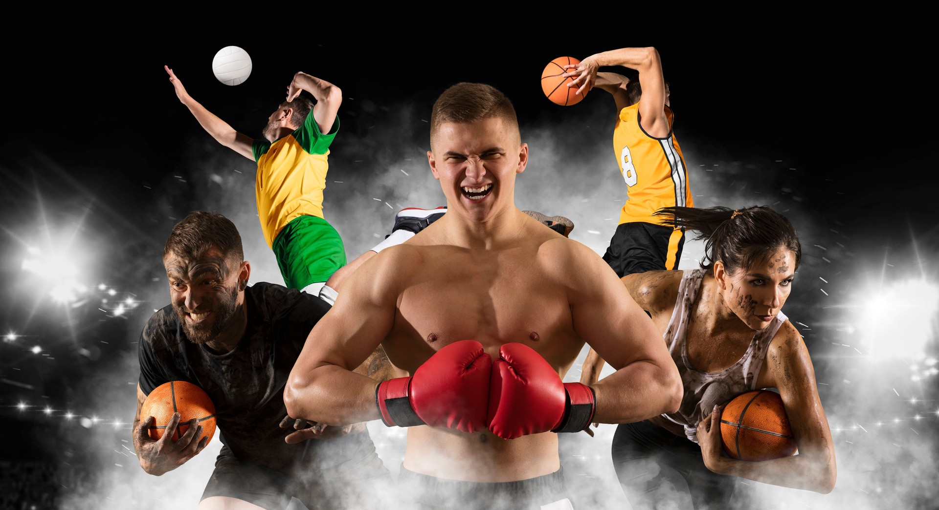 Sport collage. Boxing, rugby, volleyball, basketball